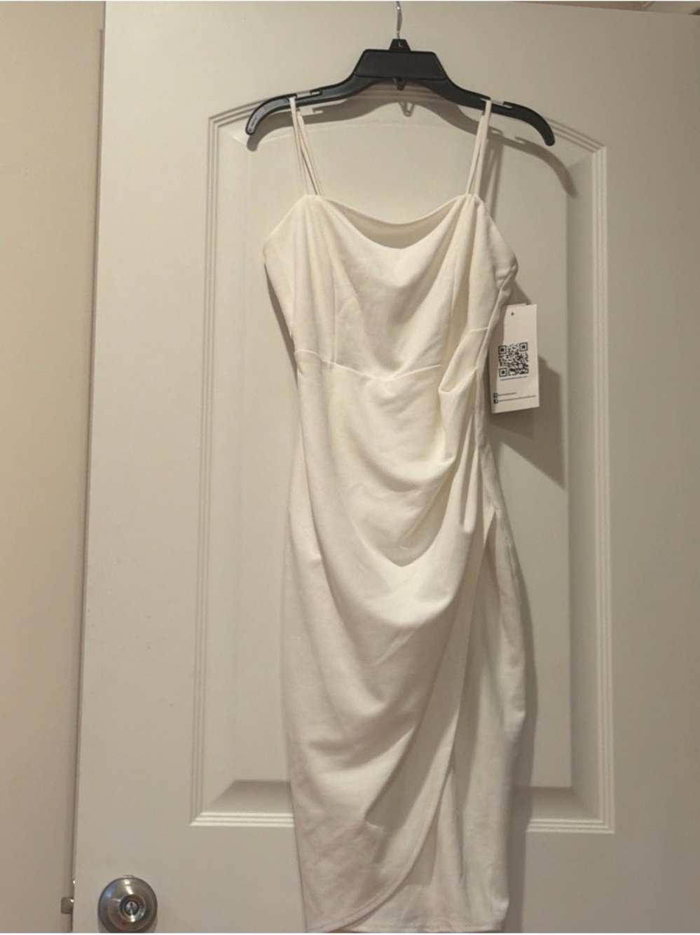 Emerson Fry White Draped Strap Spaghetti Midi Dress